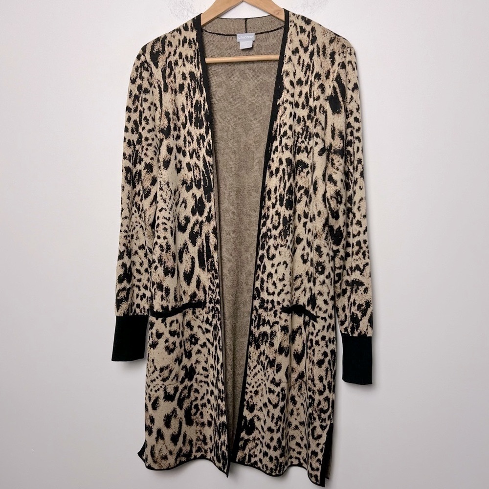 Chico’s Leopard Animal Print Longline Open Front Cardigan Pockets Chico's 1  M
